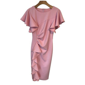Memoriesea Bodycon Midi Dress Small Pink Ruffle Sleeve